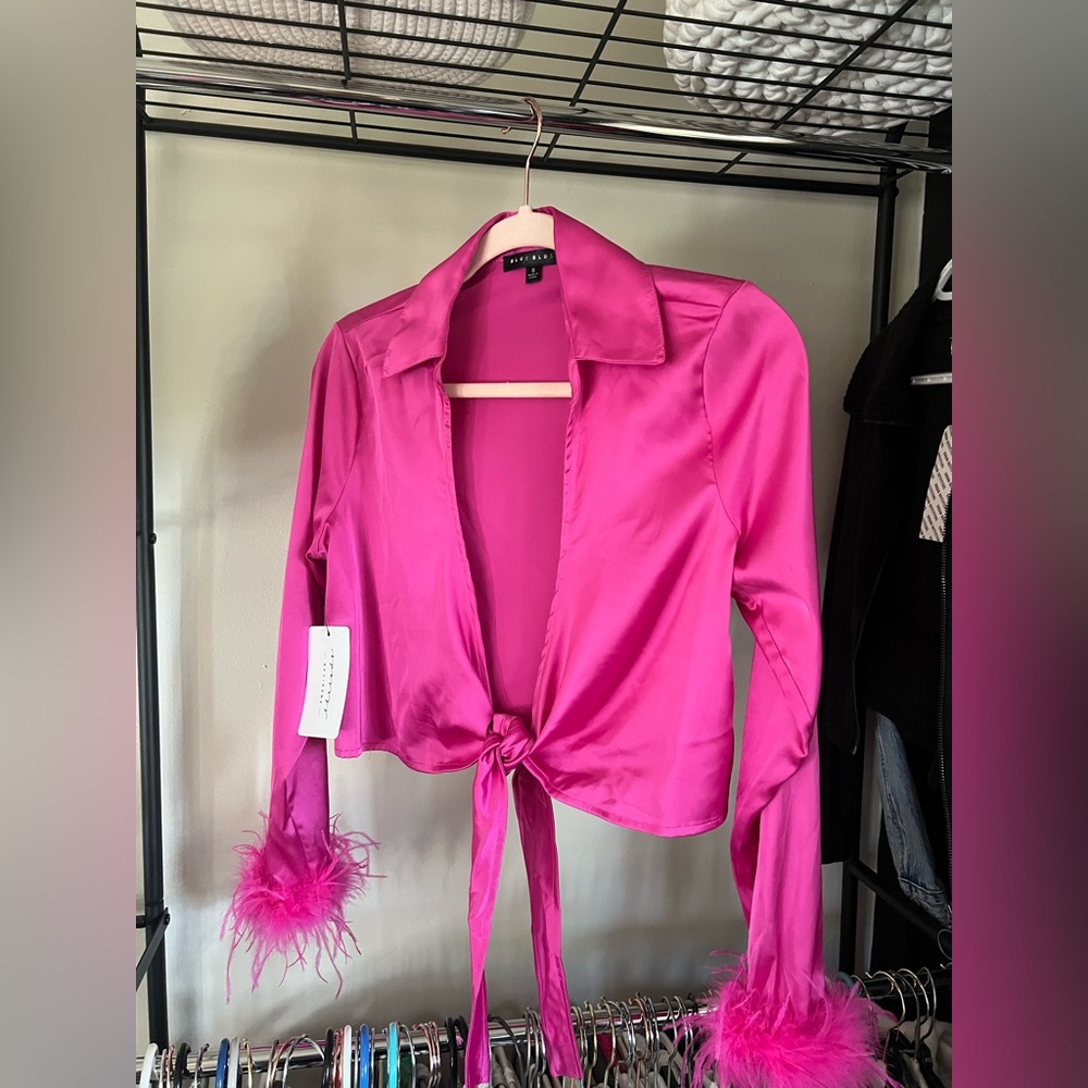 NWT American Threads Pink Satin Long Sleeve Top with Fur Details - XS